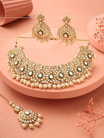 Gold Plated White Kundan Studded & Pearl Beaded Bridal Jewellery Set VitansEthnics