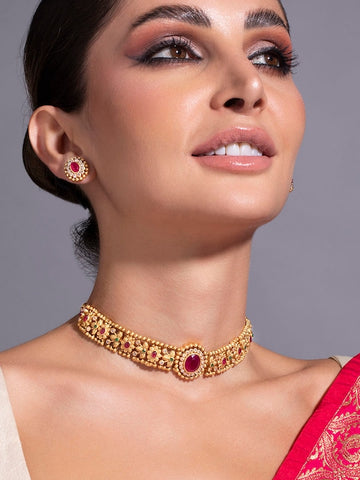 24K Gold Plated Handcrafted Intricate Choker Jewellery Set For Women VitansEthnics