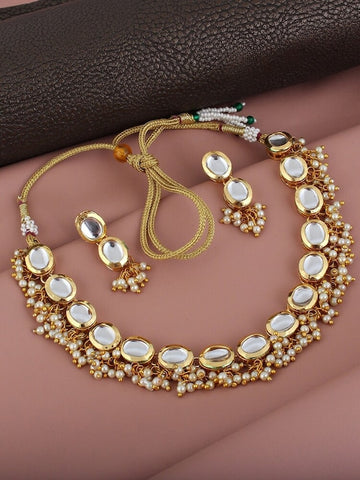 18k Gold-Plated White Kundan-Studded & Beaded Jewellery Set VitansEthnics