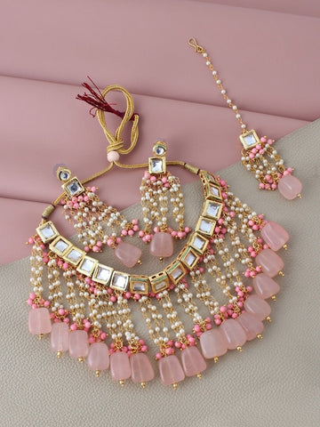 18k Gold-Plated Pink Kundan-Studded & Beaded Jewellery Set VitansEthnics