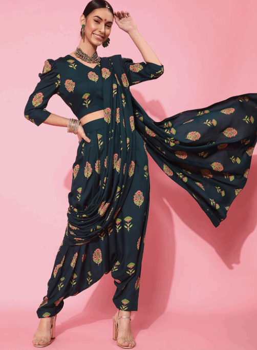 Off Shoulder Crop Top Dhoti Pants And Attached Dupatta Dhoti Saree  VitansEthnics