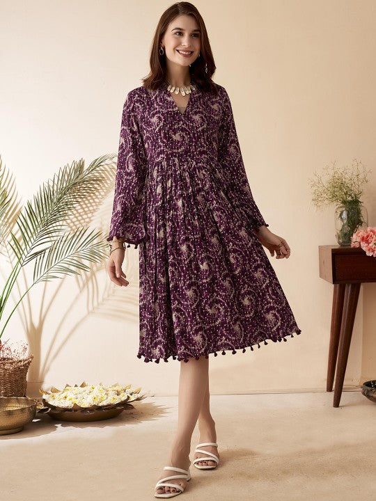 midi ethnic dress Women Indian Abstract Midi Tassel Ethnic Dress Indo Western Fusion Dress XL / Maroon