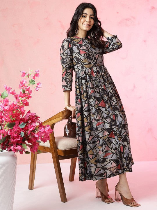Women Indian Floral Printed Fit & Flare Ethnic Maxi Dress Black / L Women Indian Floral Printed Fit & Flare Ethnic Maxi Dress Black / L