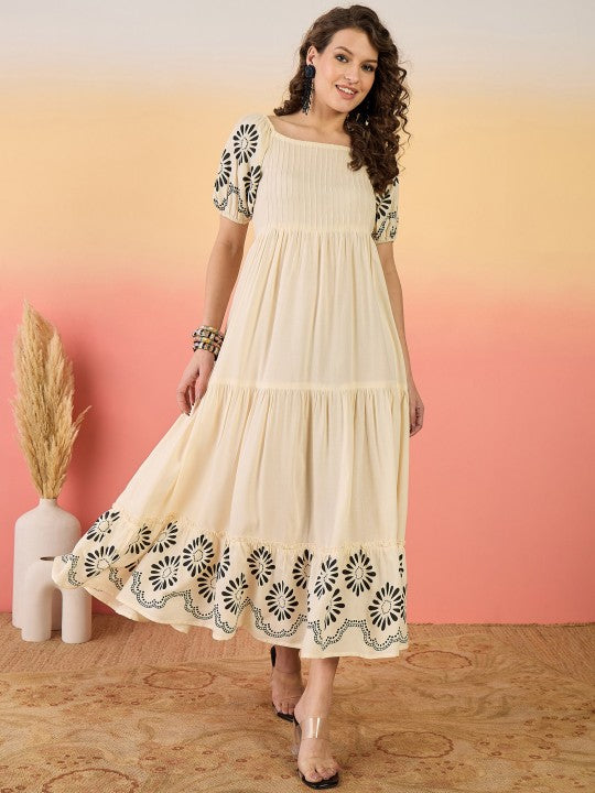 maxi dress for women indian Floral Printed Fit & Flare Tiered M / Beige rewards earth month bonus style long dress Features Color:White RL Blythe Cotton Handkerchief Hem