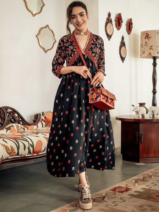 Women Floral Printed Black & Orange A-Line Ethnic Dress Black / M