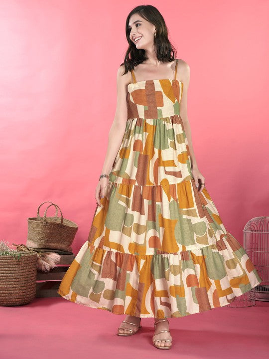 Women Abstract Print Shoulder Straps Sleeveless Layered Maxi Dress M / Beige