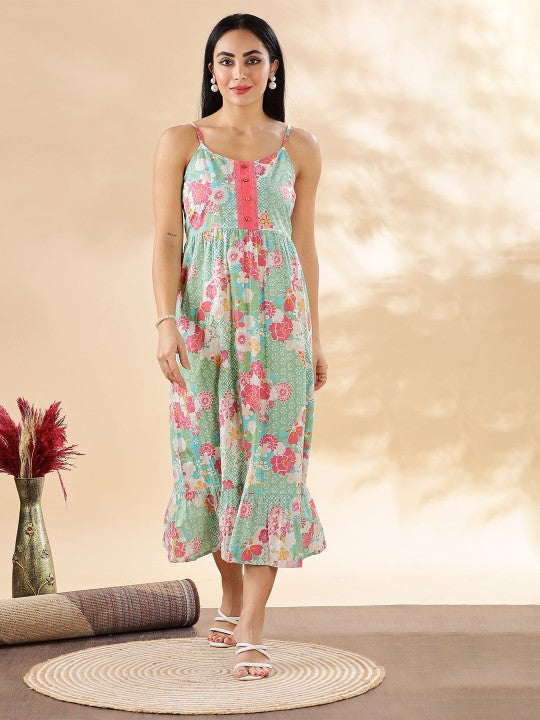 Women Indian Floral Printed Fit & Flare Maxi Ethnic Dress XS / Green Women Indian Floral Printed Fit & Flare Maxi Ethnic Dress XS / Green