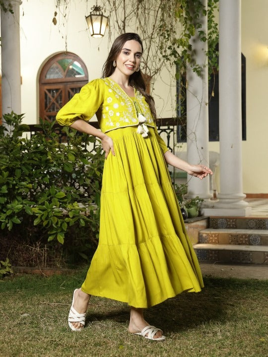 tiered maxi dress women Women Shoulder Straps Tiered Maxi Dress With Embroidered Jacket M / Yellow