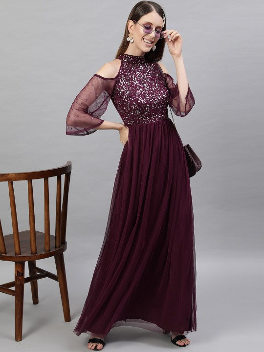 Women Burgundy Halter Neck Embellished Net Maxi Dress L / Maroon