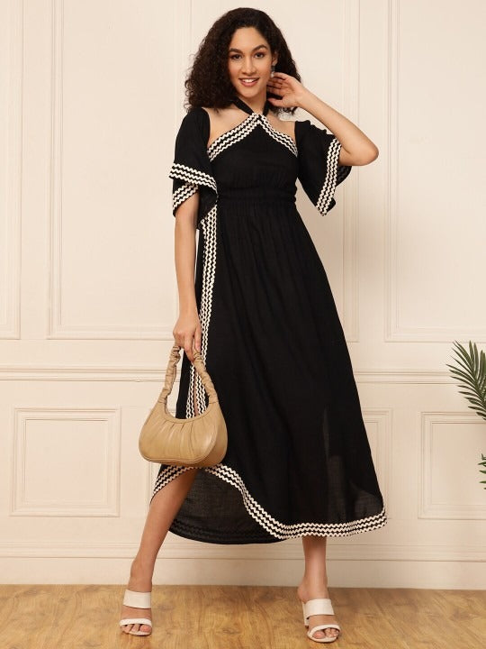 Women Indo Western Off-Shoulder Bell Sleeve Flared A-Line Maxi Dress S / Black Women Indo Western Off-Shoulder Bell Sleeve Flared A-Line Maxi Dress S / Black
