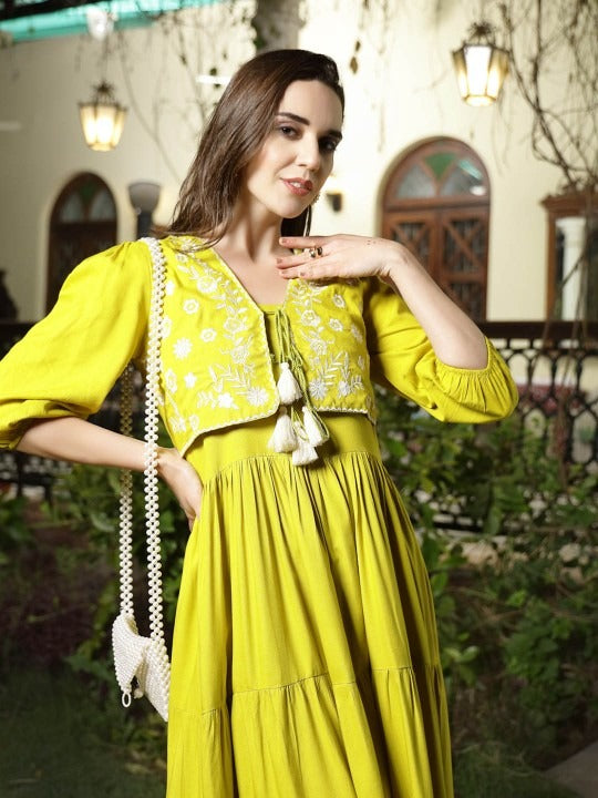 Women Shoulder Straps Tiered Maxi Dress with Embroidered Jacket M / Yellow
