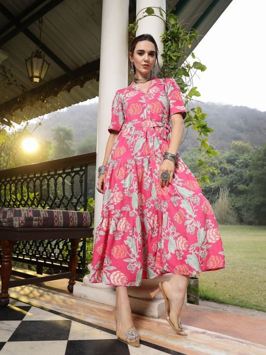 Women Floral Printed Fit & Flare Midi Dress S / Pink