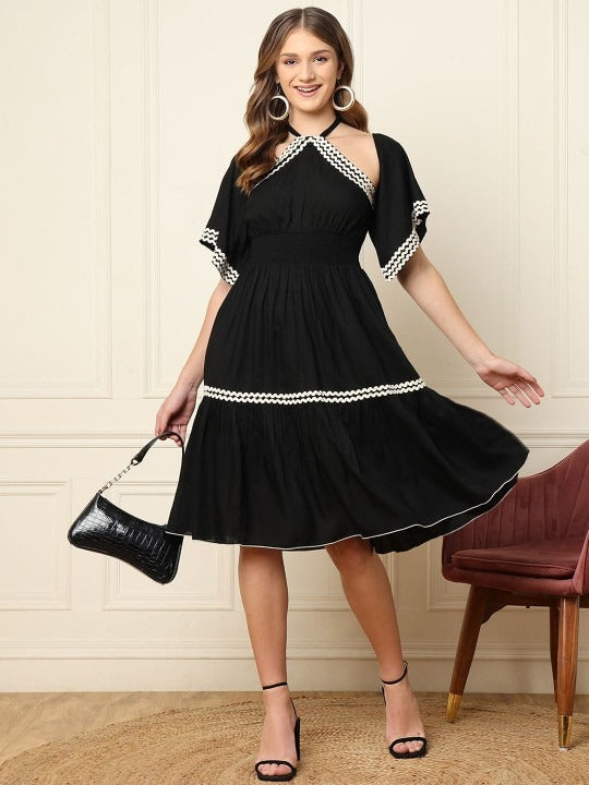 Women Indo Western Halter Neck Bell Sleeve Fit & Flare Midi Dress L / Black