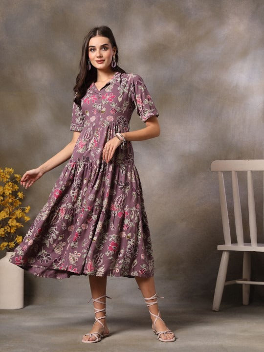 Women Purple Floral Printed Fit & Flare Maxi Tiered Dress L / Purple