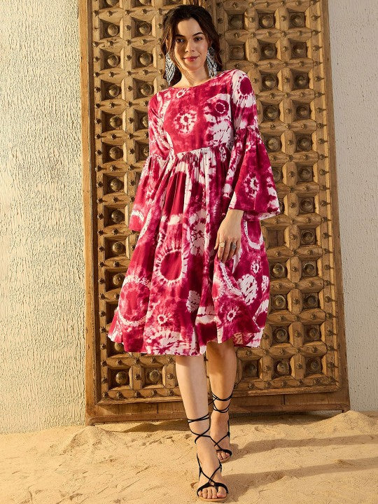 Women Tie and Dye Print Bell Sleeves Fit & Flare Dress M Women Tie and Dye Print Bell Sleeves Fit & Flare Dress M
