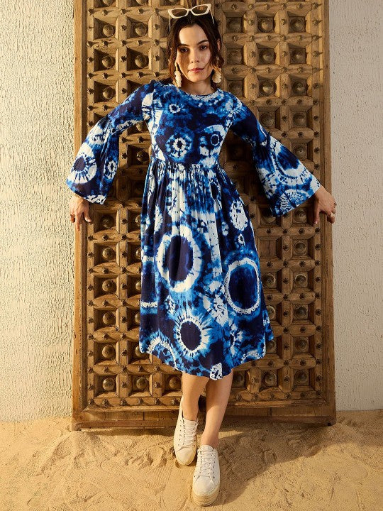 fitted lace wedding dress Women Tie and Dye Print Bell Sleeves Fit & Flare Dress M