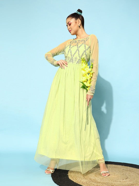 Women Lime Green Fit and Flare Long Sleeves Embellished Maxi Dress M Women Lime Green Fit and Flare Long Sleeves Embellished Maxi Dress M