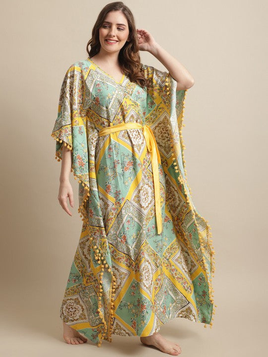 Designer Indian Floral Printed Kaftan Maxi Dress for Women XXL
