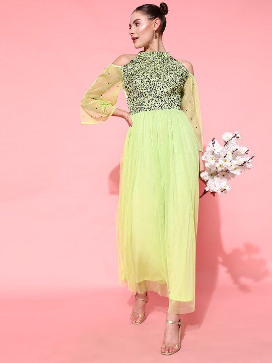 slim fit dress slacks Women Lime Green Fit and Flare Slit Sleeves Embellished Maxi Dress L