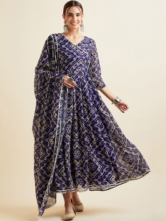 chinese dress ladies Elara Gown: Ajrakh & Bandhani Prints main image 1