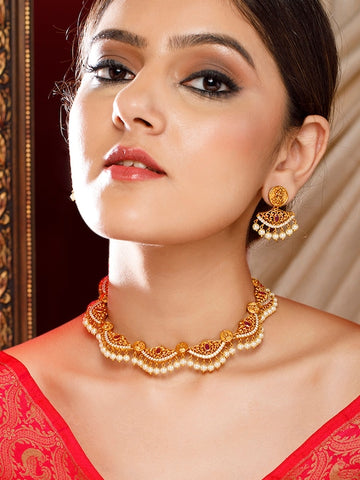 24k Gold-Plated Gold-Toned & Ruby Kundan-Studded Jewellery Set VitansEthnics