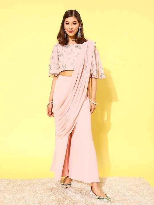 Women Gorgeous Pink Floral Embroidered Crop Top with Palazzo - Main Image