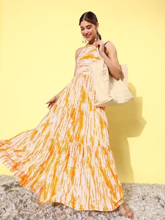 Women Yellow White Shibori Dyed Maxi Dress - Main Image