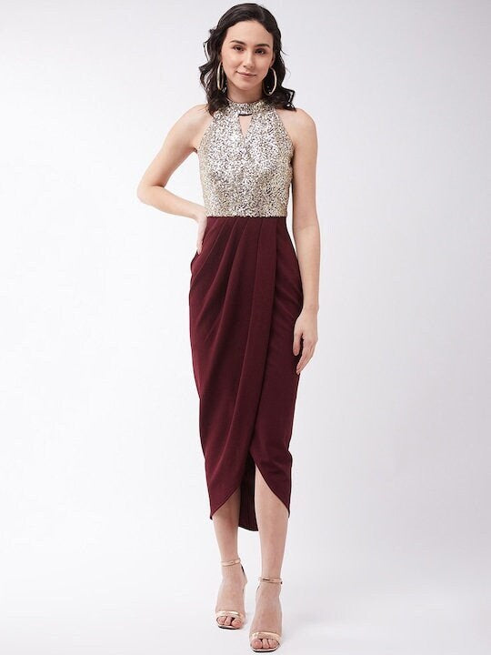 strapless open back dress Women Red Embellished Crepe Sheath Midi Dress Indo Western Dress L