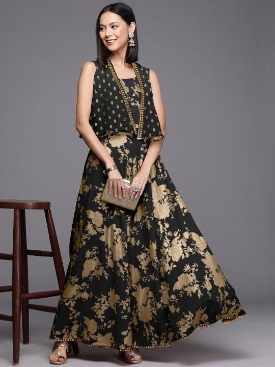 Black Gold Embellished Crop Top With Skirt Shrug Set Indo Wester
