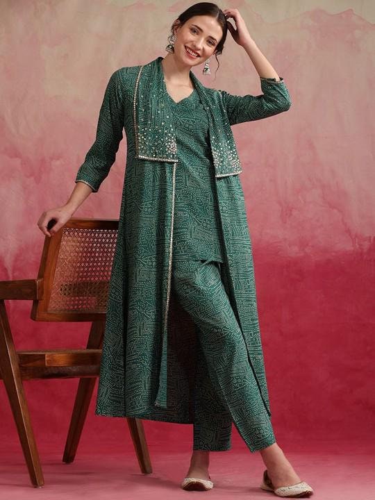 Kurta Shrug Kurti With Palazzo Buy Green Printed Cotton Straight
