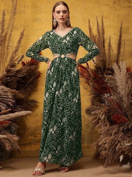 Embellished Printed Cut-Out Detail Maxi Ethnic Dress