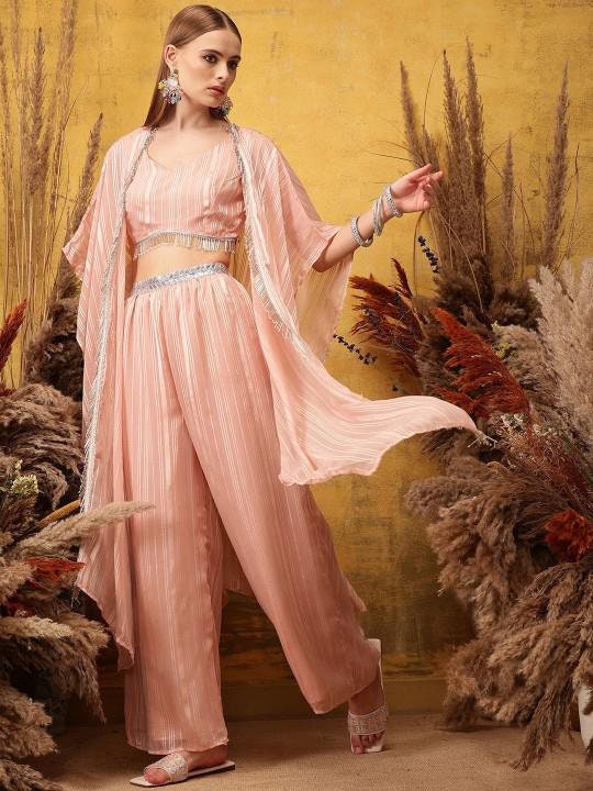 Striped Crop Top With Palazzo and Shrug Indo Western Set