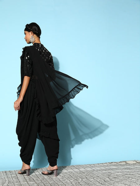 Black Sequin Crop Top With Dhoti Pants And Dupatta Set vitansethnics