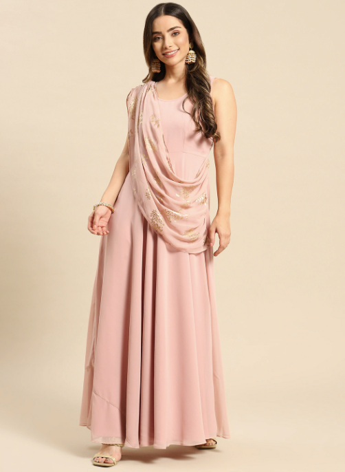 Pink Layered Georgette Maxi Dress with Dupatta Drape Indo Western Fusion Outfit L
