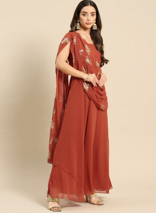 Rust Layered Georgette Maxi Dress with Dupatta Drape Indo Western Fusion Outfit 2XL