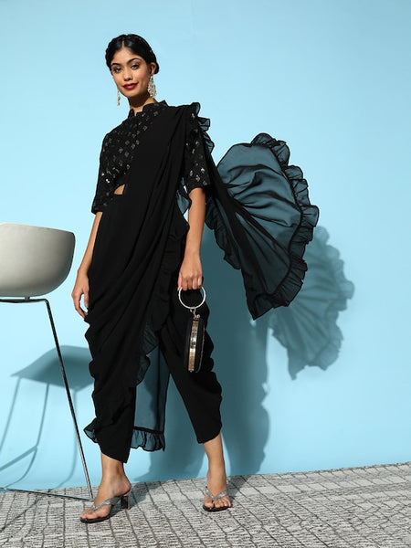 Black Sequin Crop Top With Dhoti Pants And Dupatta Set vitansethnics