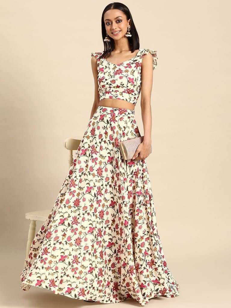 Lehenga Skirt And Top Set For Ladies Floral Print Backless Crop
