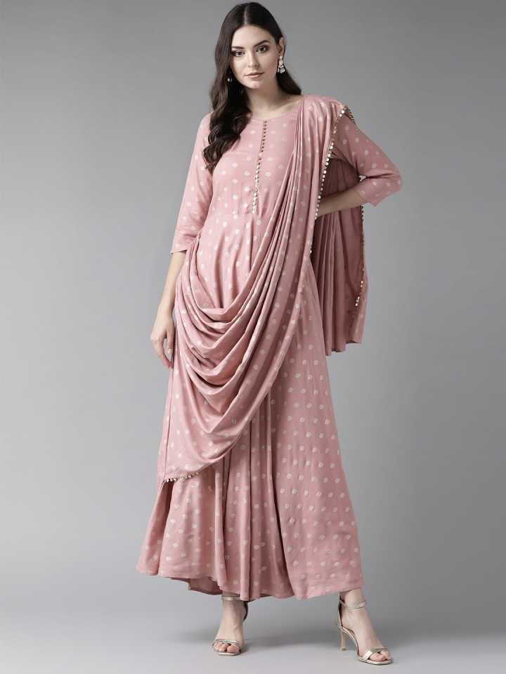 Rose & Golden Ethnic Motifs Printed Maxi Dress With Attached Dupatta - VitansEthnics XL Rose & Golden Ethnic Motifs Printed Maxi Dress With Attached Dupatta - VitansEthnics XL