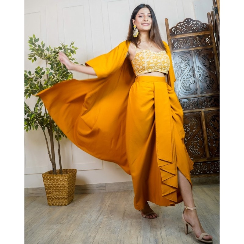 Women Embroidered Crop Top With Dhoti Skirt And Long VitansEthnics