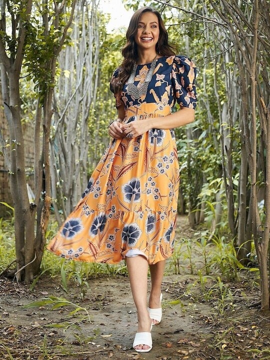 Mustard Yellow Blue Floral Crepe Empire Midi Dress1