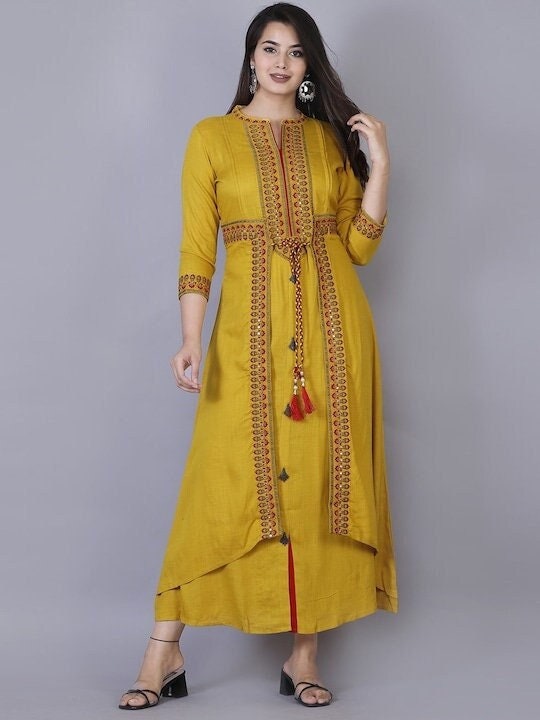 Yellow Ethnic Motifs Embroidered Layered Kurta for XL