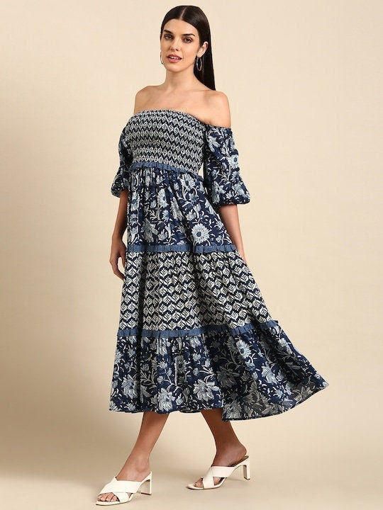 Indian Floral Off Shoulder Smocked Maxi Dress XL Indian Floral Off Shoulder Smocked Maxi Dress XL