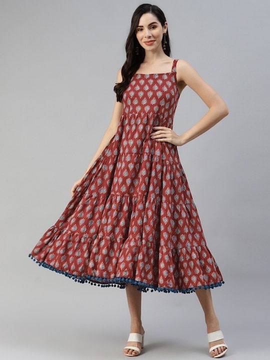 Maroon & Navy Blue Pure Cotton Ethnic A-Line Midi Dress for Women 5X Maroon & Navy Blue Pure Cotton Ethnic A-Line Midi Dress for Women 5X