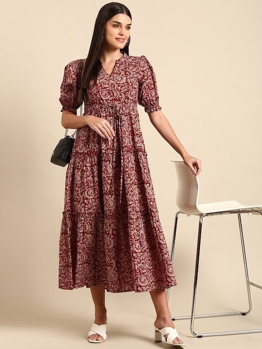 Maroon Floral Print Ethnic A-Line Pure Cotton Midi