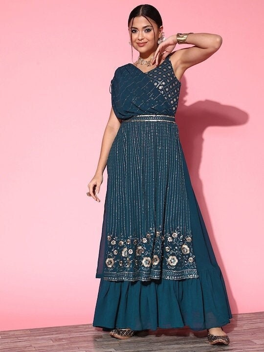 Women Long Flare Dress with Dupatta Drape | Indian Gown S Women Long Flare Dress with Dupatta Drape | Indian Gown S
