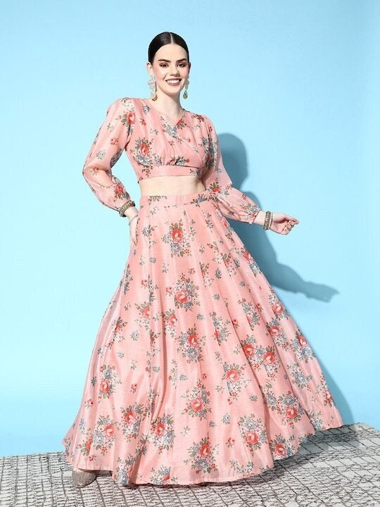 Indian Floral Crop Top With Maxi Skirt Set For Women Lehenga Choli
