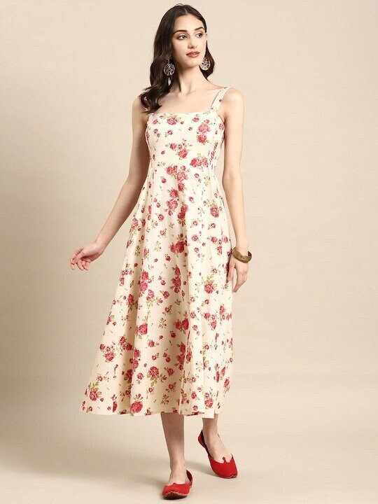Indian Shoulder Strap Flared Floral Printed Midi Dress Xs