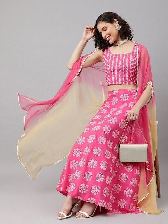 Printed Crop Top With Skirt And Dupatta Set Lehenga Choli