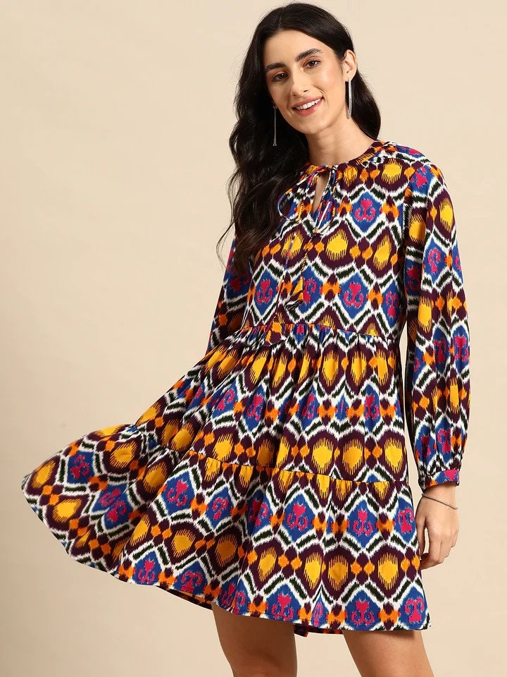 Indian Ethnic Motif Printed Balloon Sleeves Layered Dress for Women M / Rainbow