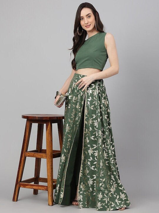Indian Floral Print Crop Top With Trousers Skirt Set